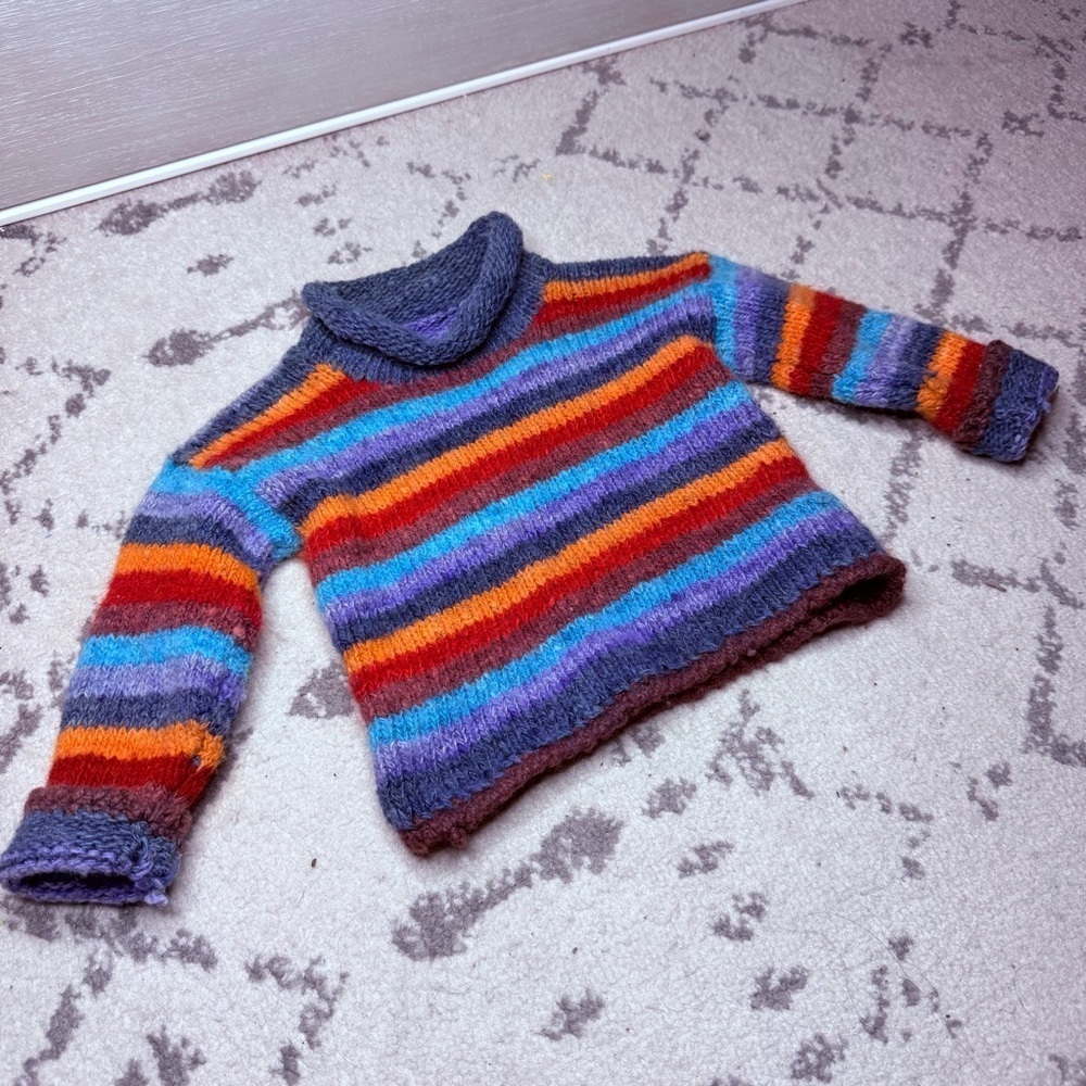 Handknit Wool Colorful Rainbow Striped Turtleneck Sweater